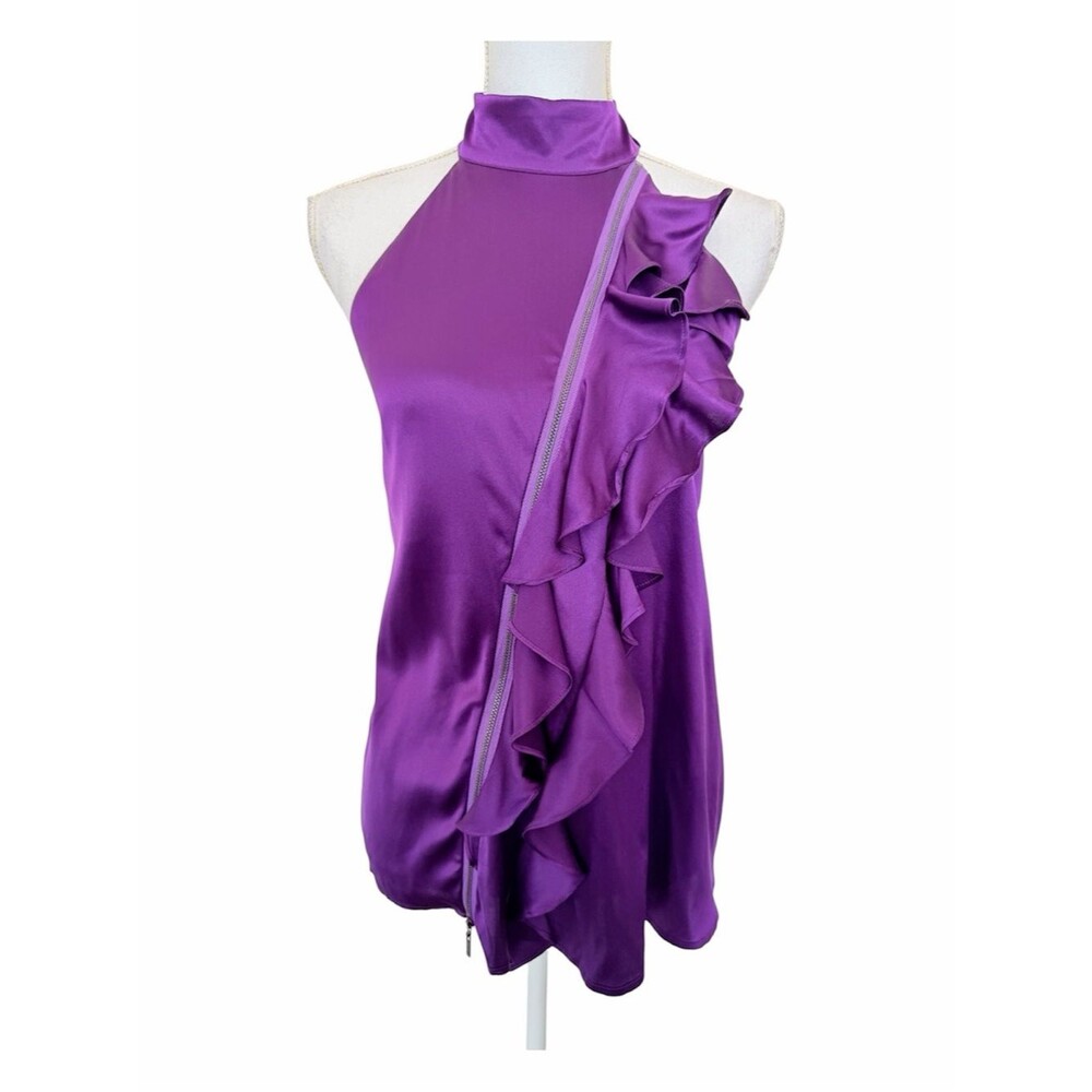 NWT Vintage Bebe Y2K Purple Silk Blend Asymmetrical Ruffle Zip Tunic Top -Size L
